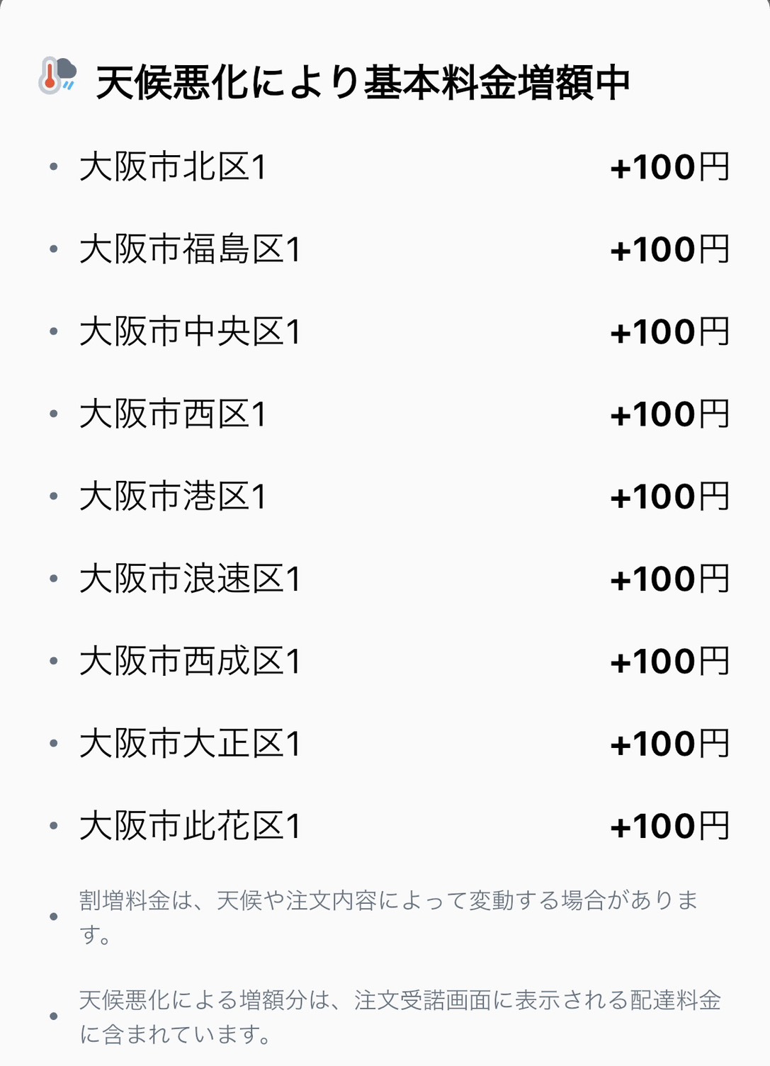 ロケットナウアプリに表示される天候悪化による割増金